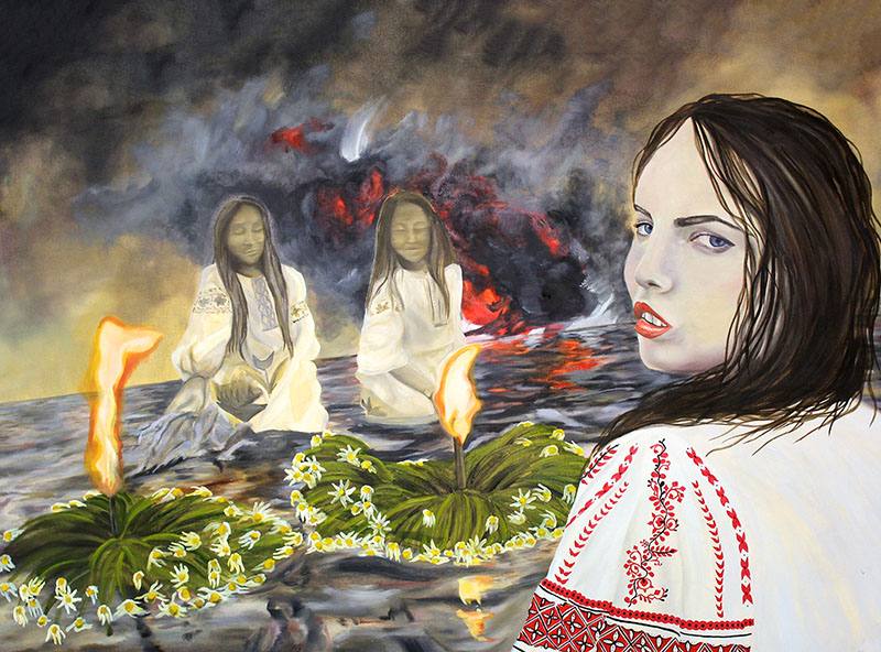 Matryoshka dolls are pulled apart and left scattered on a window sill. Out the window are prairie field fires.