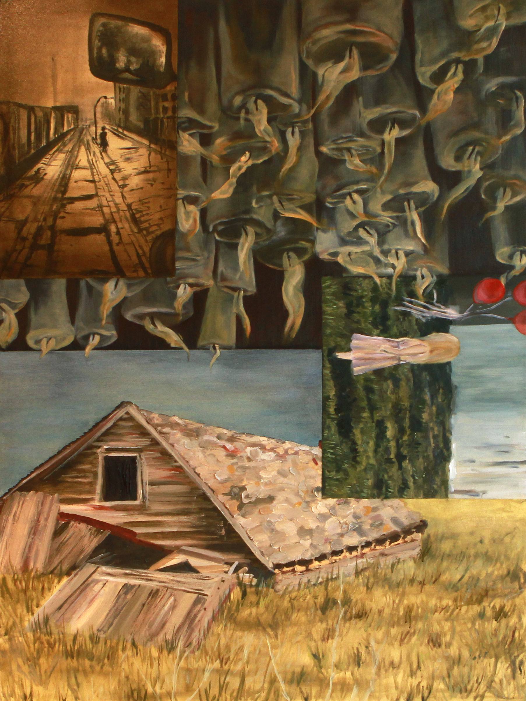 A collaged oil painting, the images are oriented in varying directions. It depicts a set of hands clasping red spotted flowers, a single lit white candle, a woman looking out onto a highway through veiled transparent curatins and a young girl at the table while her mother works in the kitcen behind her.