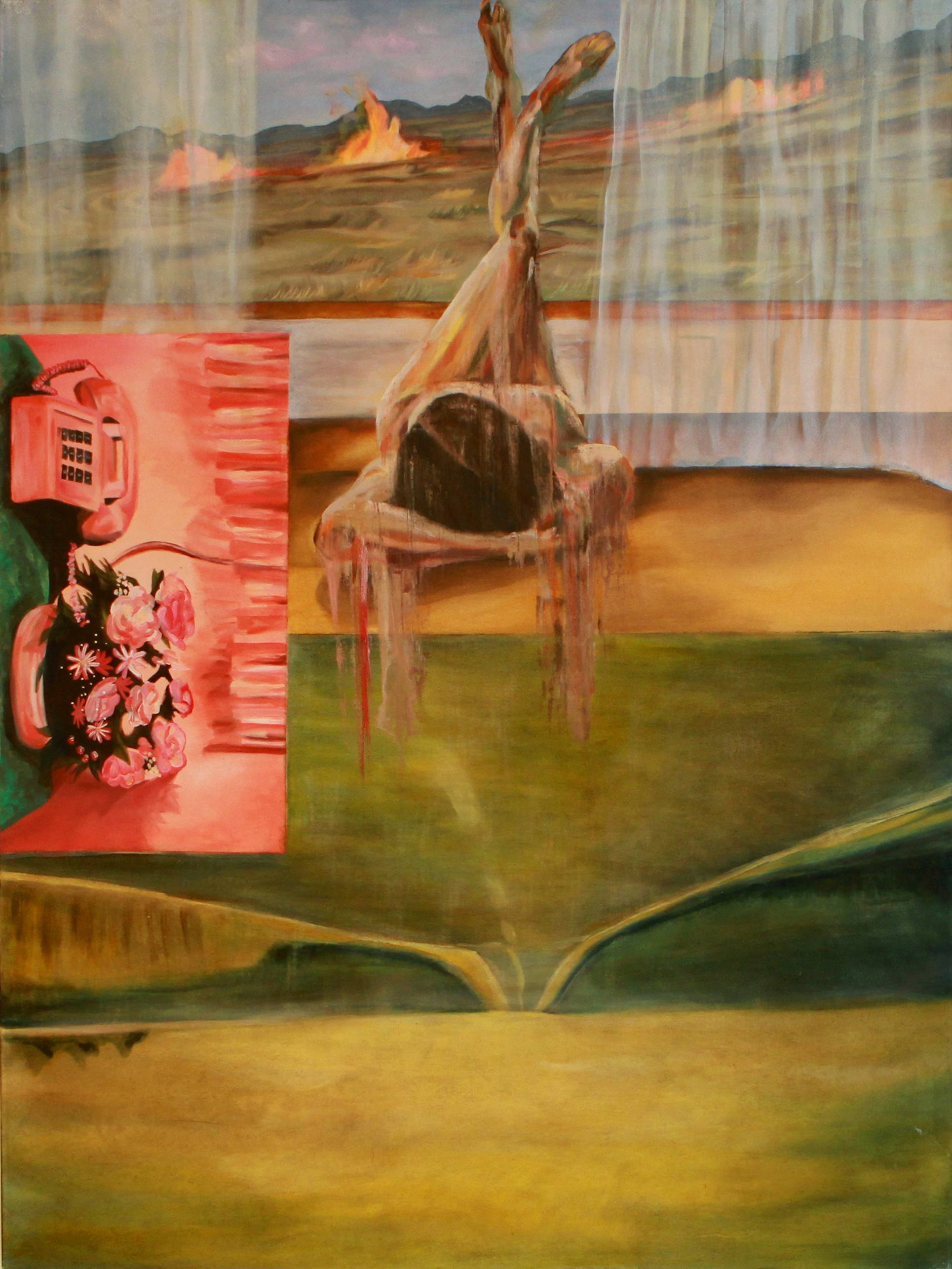 A collaged oil painting, the images are oriented in varying directions. It depicts a set of hands clasping red spotted flowers, a single lit white candle, a woman looking out onto a highway through veiled transparent curatins and a young girl at the table while her mother works in the kitcen behind her.